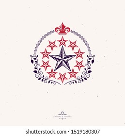 Pentagonal Stars emblem created with royal lily flower and floral ornament, union theme symbol. Heraldic Coat of Arms, vintage vector logo.
