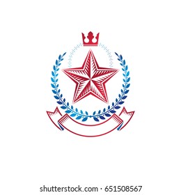 Pentagonal Stars emblem decorated using imperial crown and laurel wreath, union theme symbol. Heraldic Coat of Arms, vintage vector logo.
