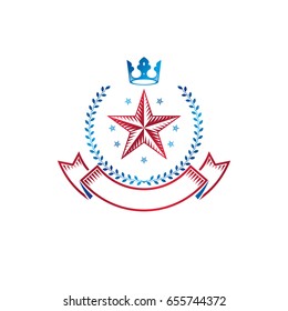 Pentagonal Stars emblem decorated using imperial crown and laurel wreath, union theme symbol. Heraldic Coat of Arms, vintage vector logo.