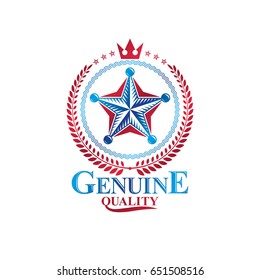 Pentagonal Stars emblem, union theme symbol created with royal crown and laurel wreath. Heraldic Coat of Arms, vintage vector logo.