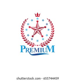 Pentagonal Stars emblem, union theme symbol created with royal crown and laurel wreath. Heraldic Coat of Arms, vintage vector logo.
