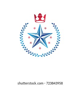 Pentagonal Stars emblem, union theme symbol created with royal crown and laurel wreath. Heraldic Coat of Arms, vintage vector logo.