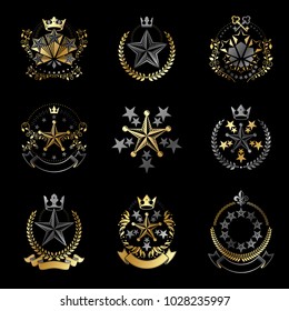 Pentagonal Stars emblems set. Heraldic Coat of Arms, vintage vector logos collection.