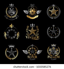 Pentagonal Stars emblems set. Heraldic Coat of Arms, vintage vector logos collection.