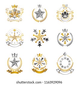 Pentagonal Stars emblems set. Heraldic Coat of Arms, vintage vector logos collection.