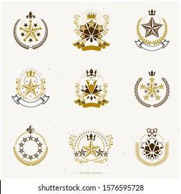 Pentagonal Stars emblems set. Heraldic Coat of Arms, vintage vector logos collection.