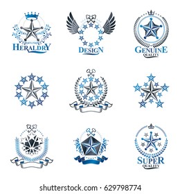 Pentagonal Stars emblems set. Heraldic Coat of Arms, vintage vector logos collection.