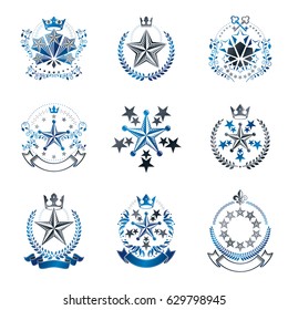 Pentagonal Stars emblems set. Heraldic Coat of Arms, vintage vector logos collection.