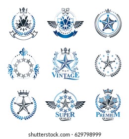 Pentagonal Stars emblems set. Heraldic Coat of Arms, vintage vector logos collection.