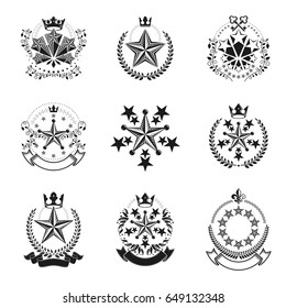 Pentagonal Stars emblems set. Heraldic Coat of Arms, vintage vector logos collection.