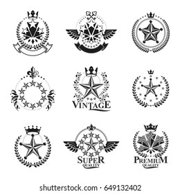 Pentagonal Stars emblems set. Heraldic Coat of Arms, vintage vector logos collection.