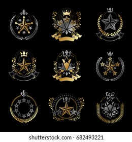 Pentagonal Stars emblems set. Heraldic Coat of Arms, vintage vector logos collection.