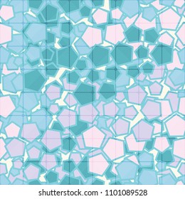 The pentagons form a camouflage pattern. Seamless texture. A grid consisting of striped squares.