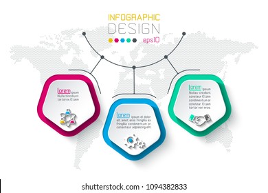 Pentagons label infographic with 3 steps.
