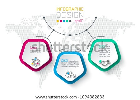 Pentagons label infographic with 3 steps.
