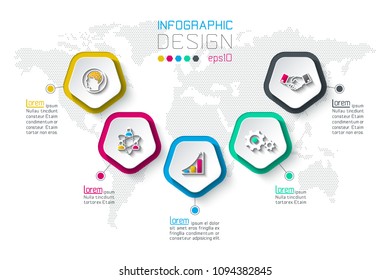 Pentagons label infographic with 5 steps.