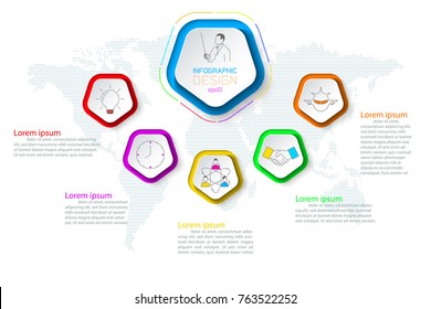 Pentagons label infographic with 6 steps.