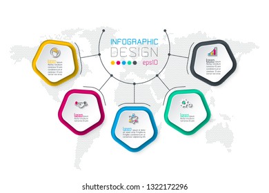 Pentagons label infographic with five steps.