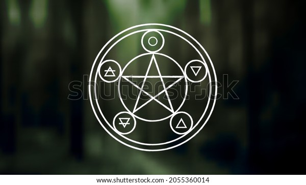 Pentagram ancient\
pagan symbol of five-pointed star isolated vector illustration on\
dark forest\
background
