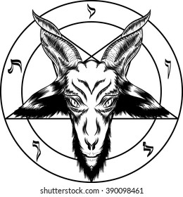 Pentagram with Baphomet. Binary satanic symbol. For tattoos, biker black metal themes. Black and white. You can turn off the pentagram. Handmade illustration. Vector.