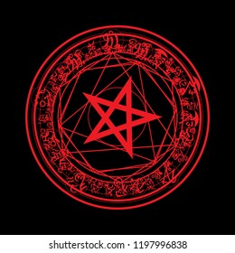 Pentagram blood red runic spell circle. Satanic sign, Magic casting ring. Pentalpha, Pentangle Vector illustration on white background.