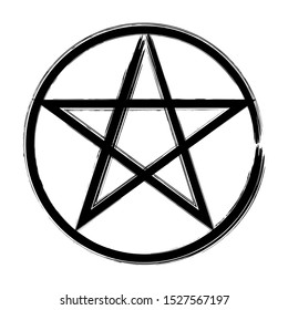 Pentagram in a circle icon, brush drawing magic occult star symbol. Vector hand drawn illustration in black isolated over white.