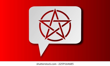 Pentagram in a circle icon isolated on red background. Paper cut style. Magic occult star symbol. White speech bubble symbol. Vector Illustration.