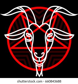 Pentagram with demon Baphomet. Satanic goat head - satanic symbol. Vector illustration tattoo design and music print symbol for biker black metal themes.