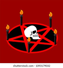 Pentagram of devil. Satan sign. Ritual symbol. Call daemon. Black candles. Vector illustration
