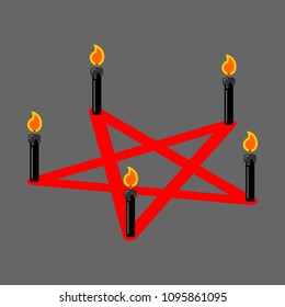 Pentagram of devil. Satan sign. Ritual symbol. Call daemon. Black candles. Vector illustration
