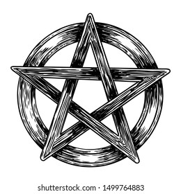 Pentagram drawing. Hand drawn ancient pagan symbol of five pointed star. Black work for flash tattoo. Vector.