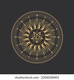 Pentagram, esoteric, occult magic and tarot symbol, vector pentacle circle. Alchemy, occultism and witchcraft ritual pentagram sign with celestial sun and moon in sacred geometry circle