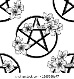 Pentagram and flowers monochrome seamless pattern, magic occult star symbol background. Vector floral illustration in black over white.