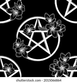 Pentagram and flowers monochrome seamless pattern, magic occult star symbol background. Vector floral illustration in black and white.