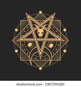 Pentagram with goat skull, octagram, crescent, moon and stars esoteric occult symbol for magic tarot cards. Witchcraft or alchemy sign, vector Spiritual emblem, isolated wicca or pagan amulet