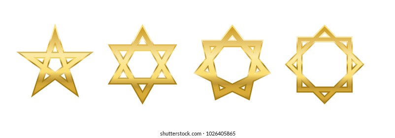 Pentagram, hexagram, heptagram and octagram. Four different golden stars with self-intersecting five, six, seven and eight sides.