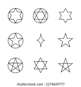 Pentagram and hexagram icons in a flat style. Abstract linear and black collection. Vector logo design