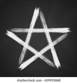 Pentagram icon, brush drawing magic occult star symbol. Vector illustration in white isolated over textured black background.