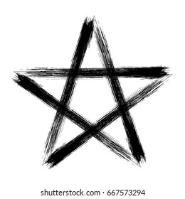 Pentagram Icon, Brush Drawing Magic Occult Star Symbol. Vector Illustration In Black Isolated Over White.
