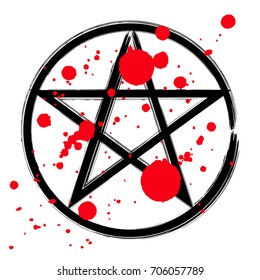 Pentagram icon, brush drawing magic occult star symbol in a circle with drops of blood. Vector illustration in black and red isolated over white.