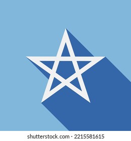 Pentagram icon. Five-pointed star isolated on blue background. White icon pentacle with long shadow. Protective amulet for witches. Banner with nordic tattoos. Vector illustration