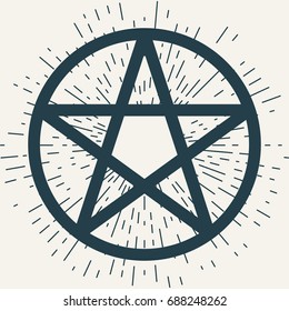 Pentagram icon, magic occult star symbol with rays of light. Vector illustration in dark blue isolated over white.