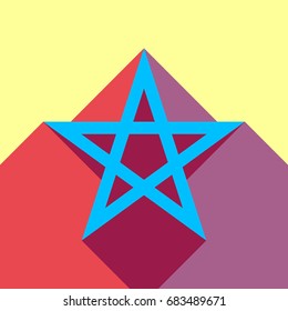 Pentagram icon. Vector. Deep sky blue icon with two flat violet and raspberry semitransparent shadows on canary background.