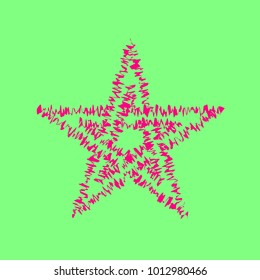 Pentagram icon. Vector. Magenta rough icon on greenish background. Isolated.