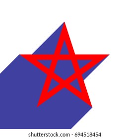 Pentagram icon. Vector. Red flat style icon with dark blue long shadow on white background.