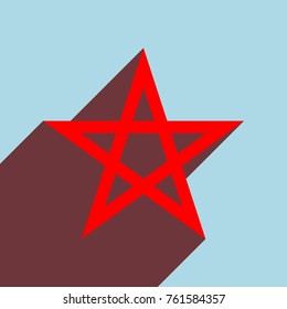 Pentagram icon. Vector. Red flat icon with infinte wine shadow to left down corner at sky background.