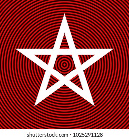 Pentagram icon. Vector. White icon on red and black radial pattern as background. Isolated.