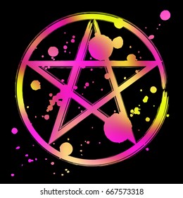 Pentagram icon, vibrant colorful brush drawing magic occult star symbol. Vector splatter illustration isolated over black.