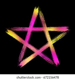 Pentagram icon, vibrant colorful brush drawing magic occult star symbol. Vector illustration isolated over black.