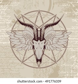 pentagram with the image of a goat skull on the background of the papyrus with occult symbols